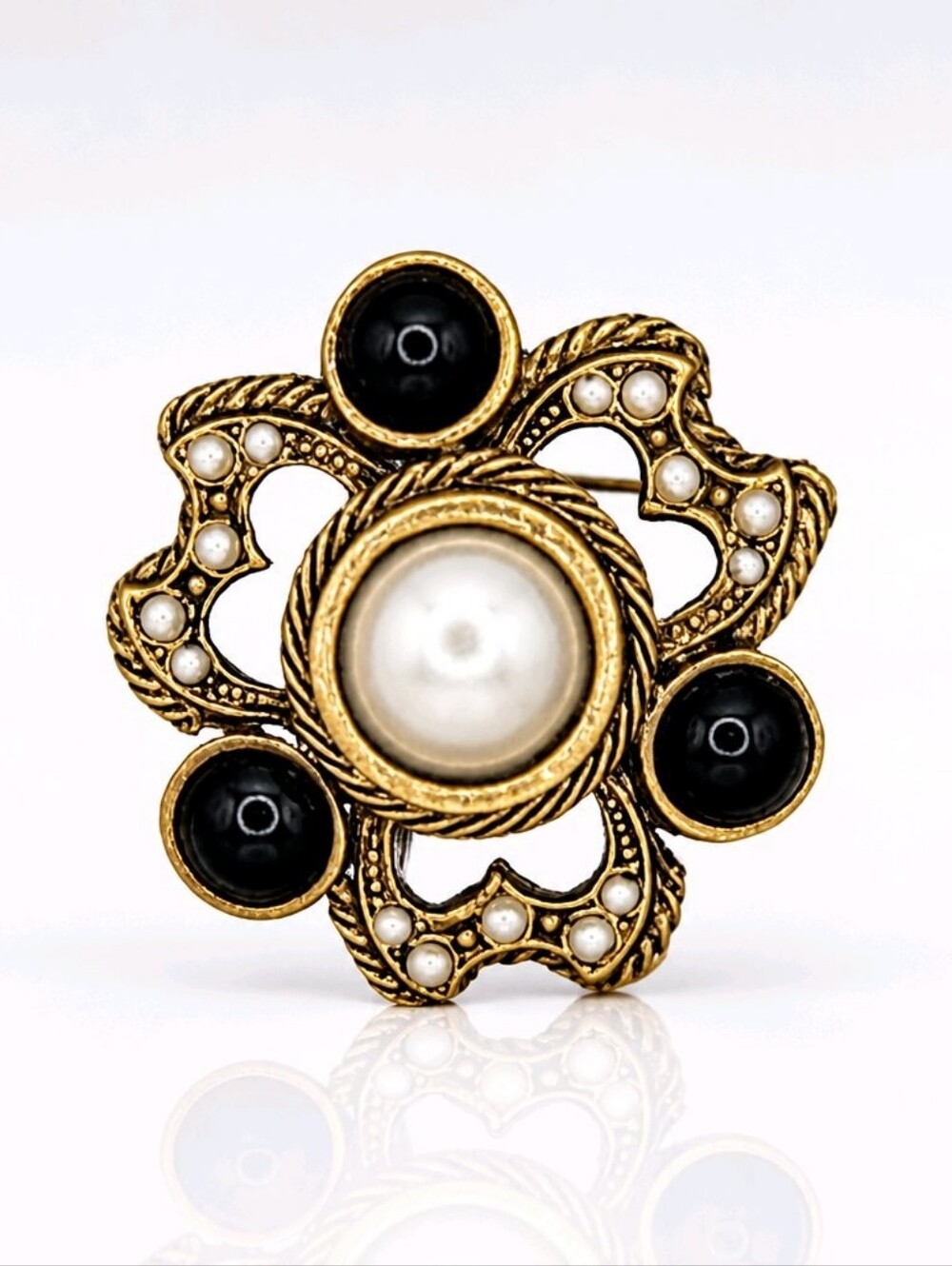 Vintage Gold Tone Faux Pearl & Black Cabochon Brooch | Victorian Revival Pin